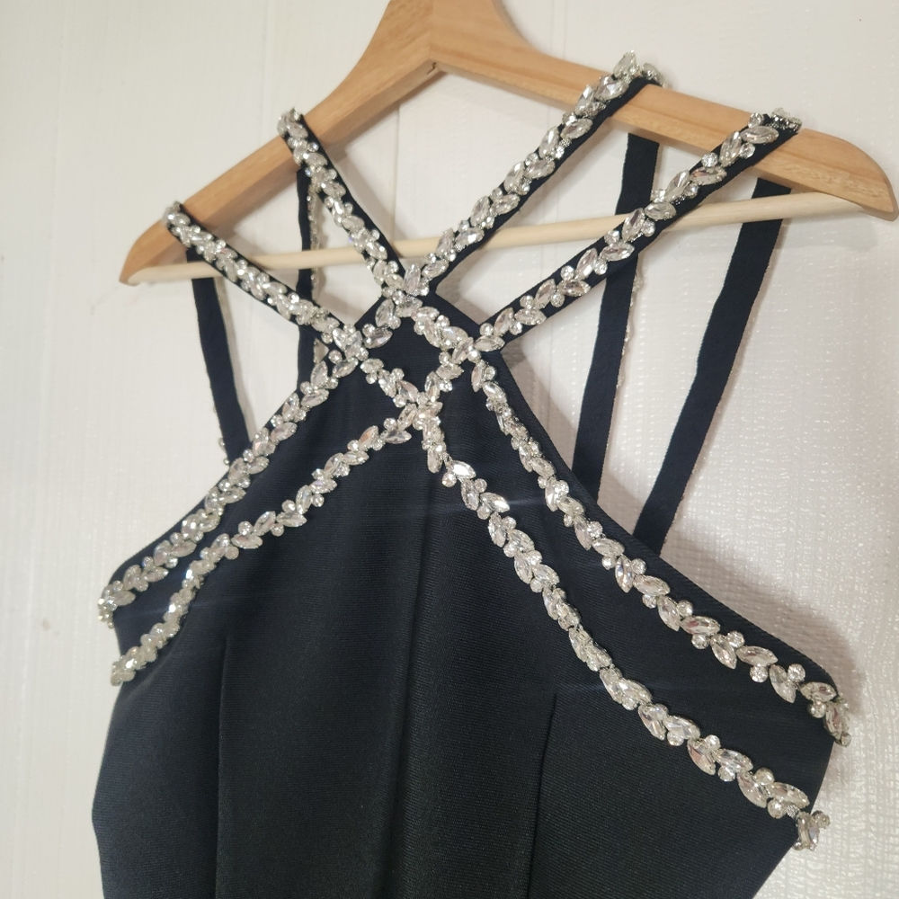Crystal Beaded Rhinestone Criss-Cross Black Asymmetrical Dress - Picture 6 of 9